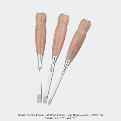 Blue Spruce Toolworks MTCSET3SSCM Mortise Chisel 3Pc Set Ss Ferrule, Curly Maple Handle