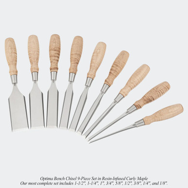 Blue Spruce Toolworks BCH034STSSNCM Bench Chisel, 3/4 (0.750), 19.1MM, Ss Ferrule, Standard, Curly Maple Handle