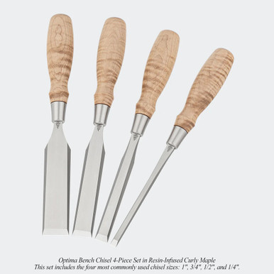 Blue Spruce Toolworks BCHSET4STDSSCM Bench 4 Pc Set Ss Ferrule, Standard, Curly Maple Handle