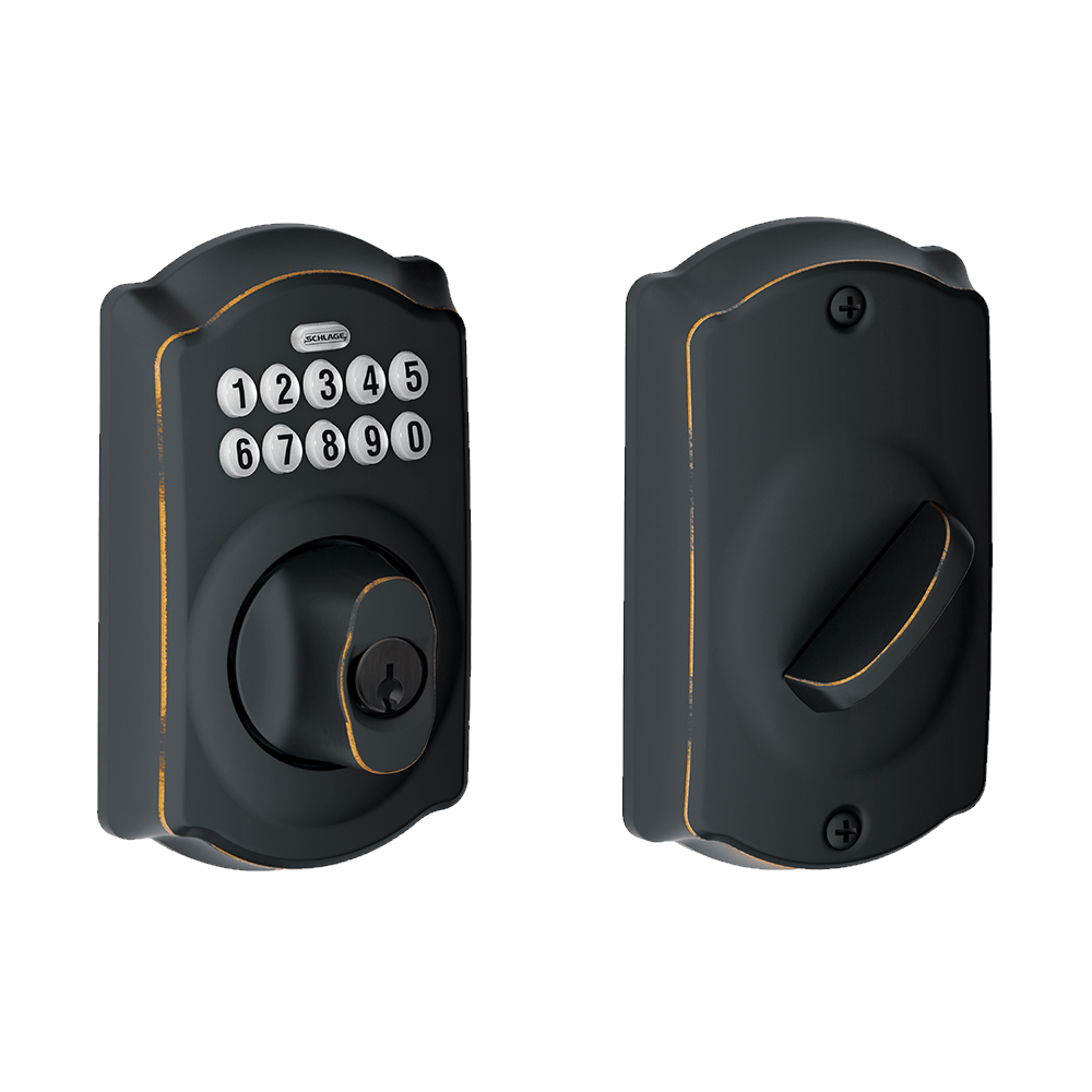 Schlage Residential Electronic Keypad Deadbolt Lockset - Camelot Style - Aged Bronze Finish - Sold Individually