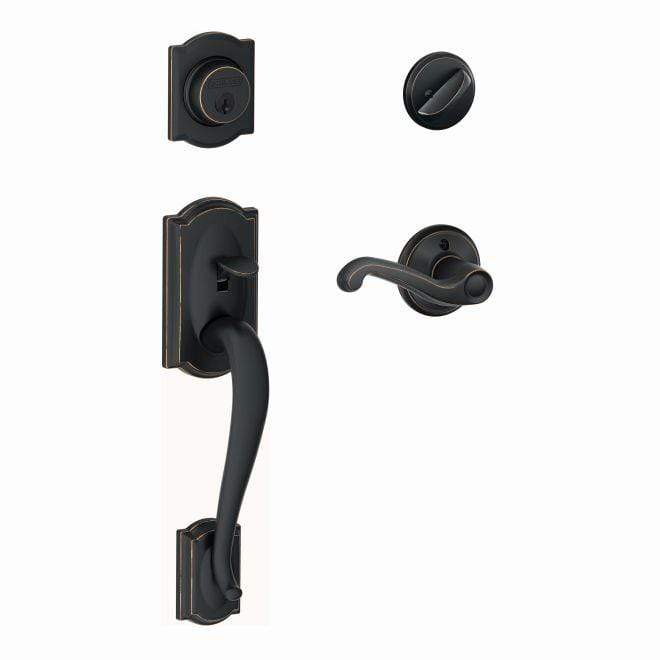 Schlage Residential Lockset - Single Cylinder Handleset - Camelot Style Exterior With Flair Style Interior - Aged Bronze Finish - Sold Individually