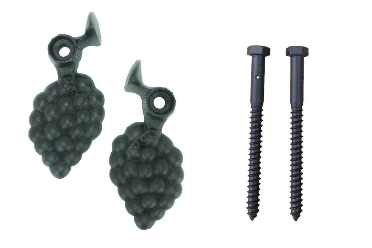 Shutter Dogs / Tiebacks - Grape with Lag - 6-1/4" Inch - Cast Iron - Black Powder Coat - Sold in Pairs