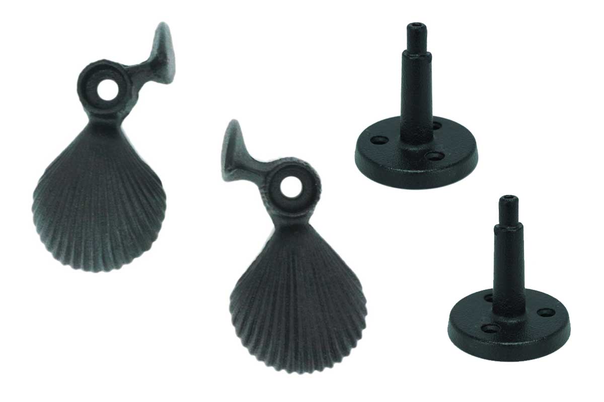 Shutter Dogs / Tiebacks - Shell with Post - 5-1/4" Inch - Cast Iron - Black Powder Coat - Sold in Pairs