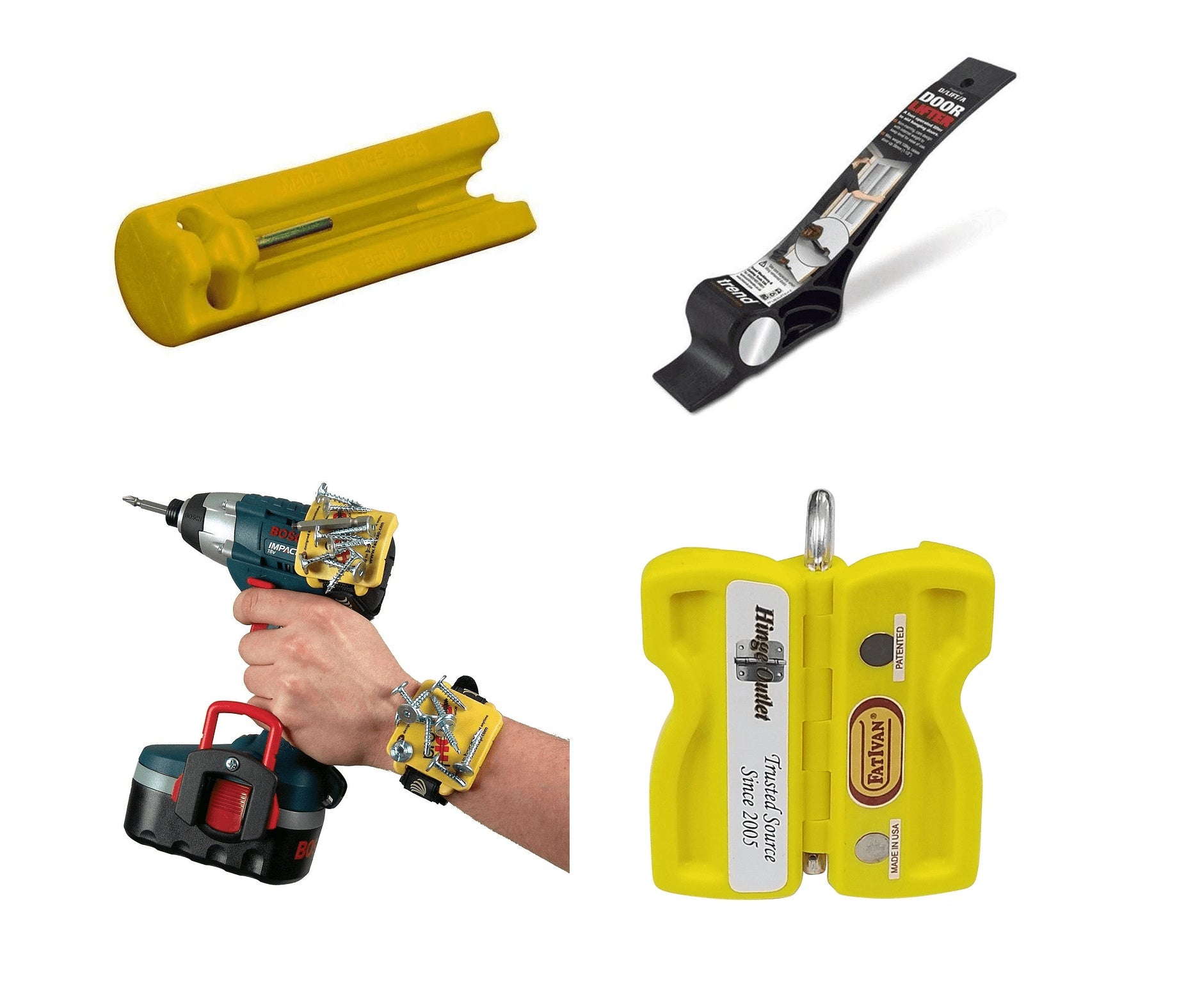 Ultimate Toolbox Bundle For Doors - Door Lifter, Hinge Pin Removal Tool, Magnetic Wrist Strap For Screws, Fat Ivan Door Chock