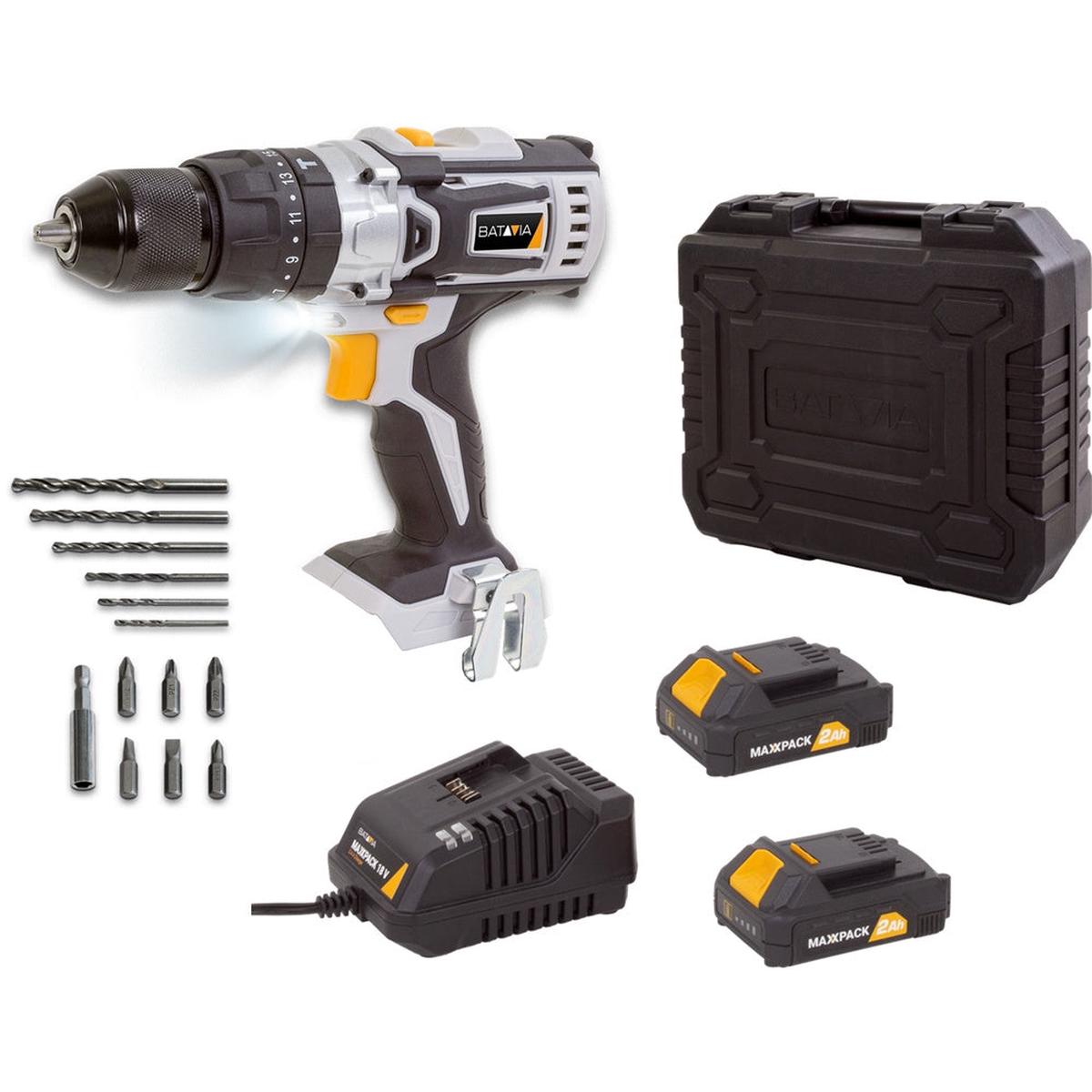 18V Cordless Combi Drill 40 Nm – 2 2.0Ah Batteries, Charger, Bit Set & Storage Case