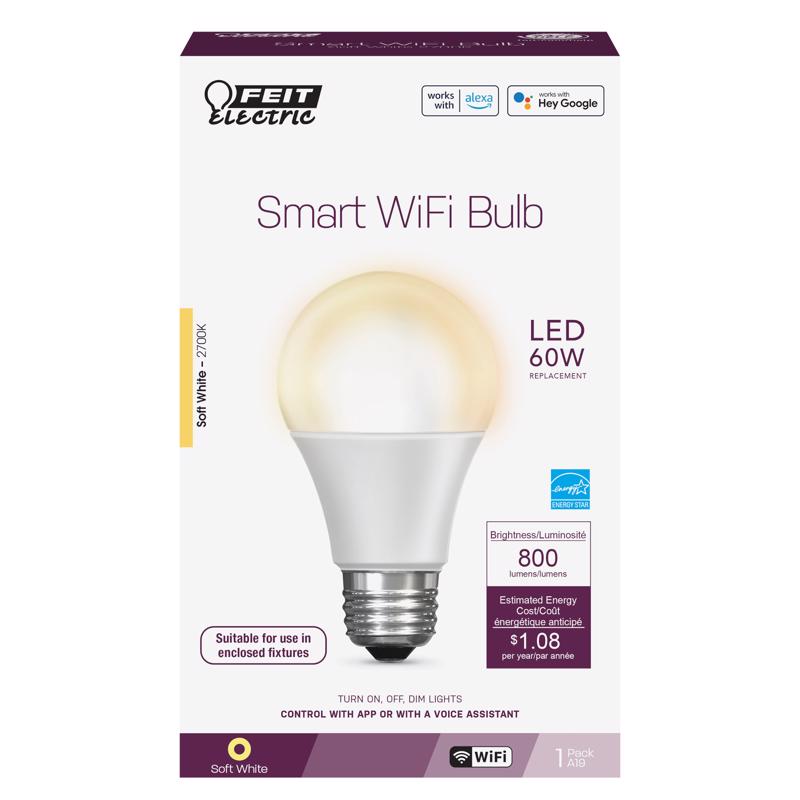 Feit OM60/927CA/AG Smart Home A19 E26 (Medium) Smart-Enabled LED Bulb Soft White 60 Watt Equivalence 1 pk