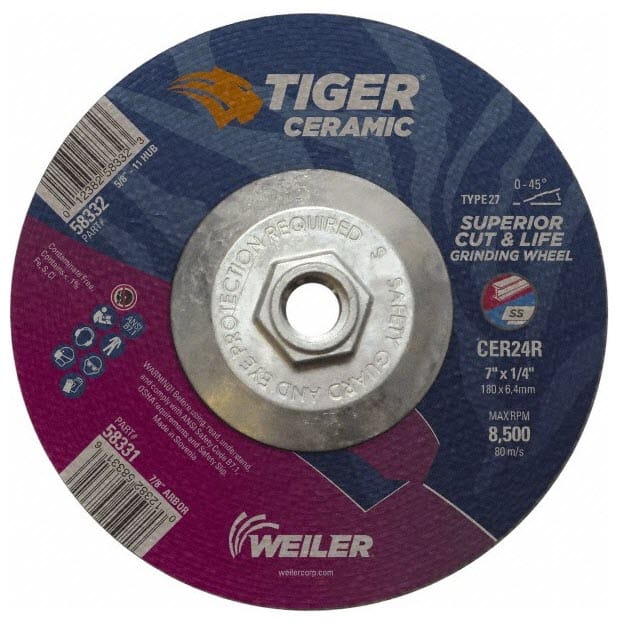 Weiler Tiger Ceramic Grinding Wheel w/Hub - 7" X 1/4" Type 27 58332