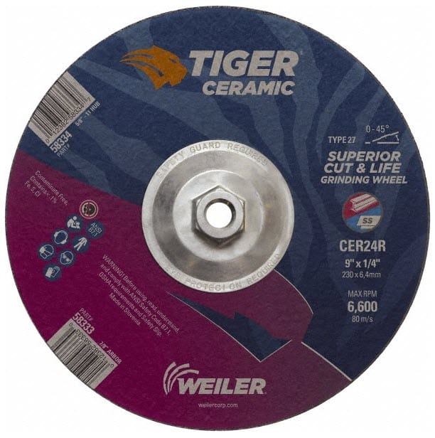 Weiler Tiger Ceramic Grinding Wheel w/Hub - 9" X 1/4" Type 27 58334