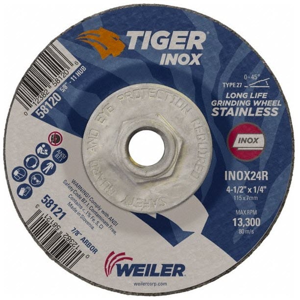 Weiler Tiger Inox Grinding Wheel w/Hub - 4 1/2" X 1/4" Type 27 58120