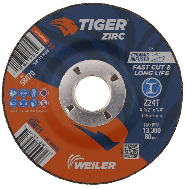 Weiler Tiger Zirc Grinding Wheel - 4 1/2" X 1/4" Type 27 58071