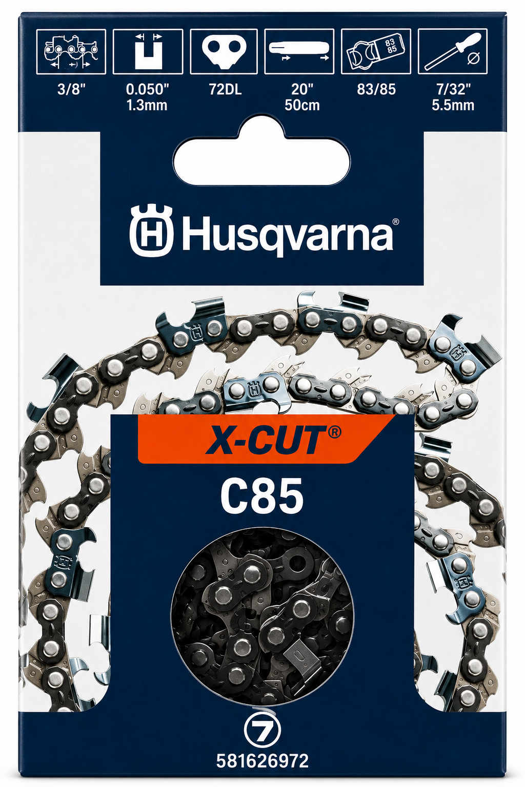 Husqvarna OEM 581626972 X-CUT C85-72 20" Professional Chainsaw Chain – 3/8" Pitch, .058" Gauge, 72 Drive Links – Full Chisel