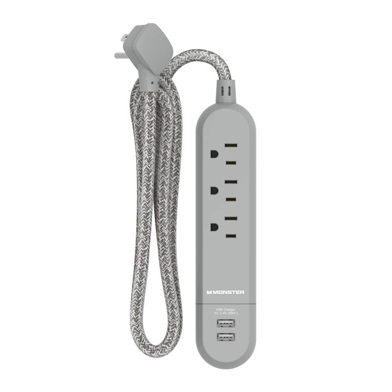 Monster 1712 Just Power It Up 4 ft. L 3 outlets Power Strip with USB Ports Gray