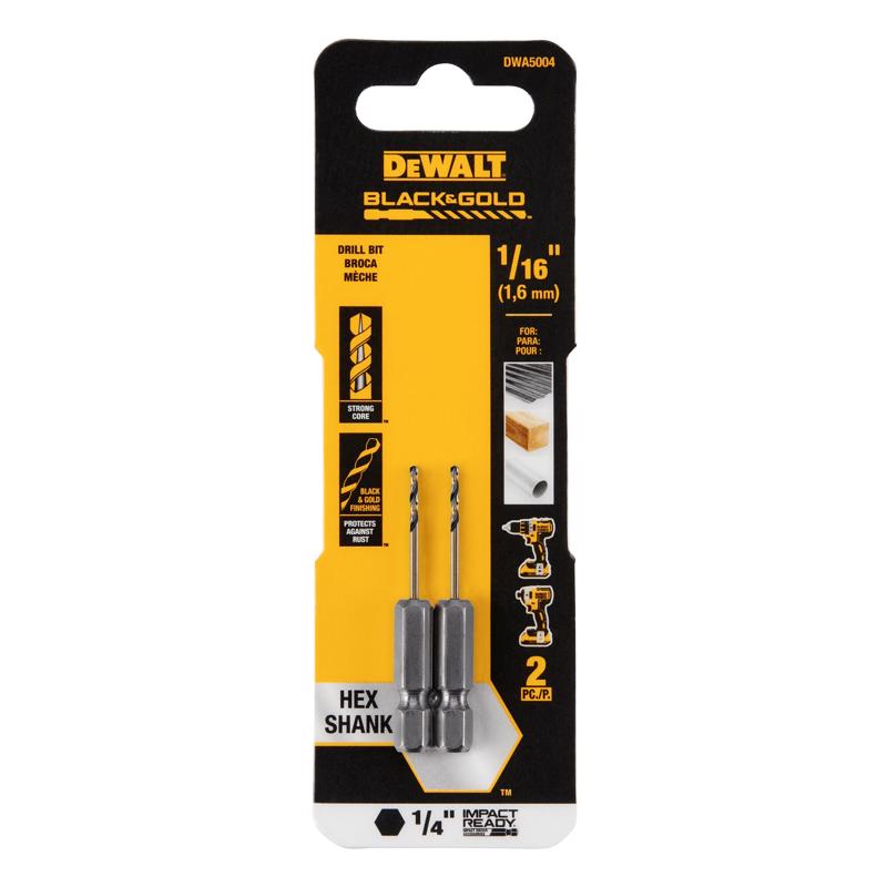 Dewalt DWA5004 Black & Gold 1/16 in. High Speed Steel Impact Ready Drill Bit Hex Shank 2 pc