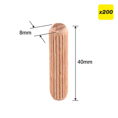 Trend Wooden Dowels, 5/16 x 1-9/16 Inch, 200 Pack, Beechwood with Full-Length Glue Grooves, FSC Certified, DWL/8X40/200