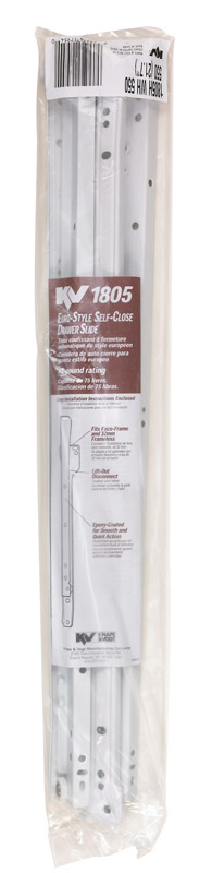 Knape & Vogt 1805H WH 550 22 in. L Steel Self Close Drawer Slide 2 pk