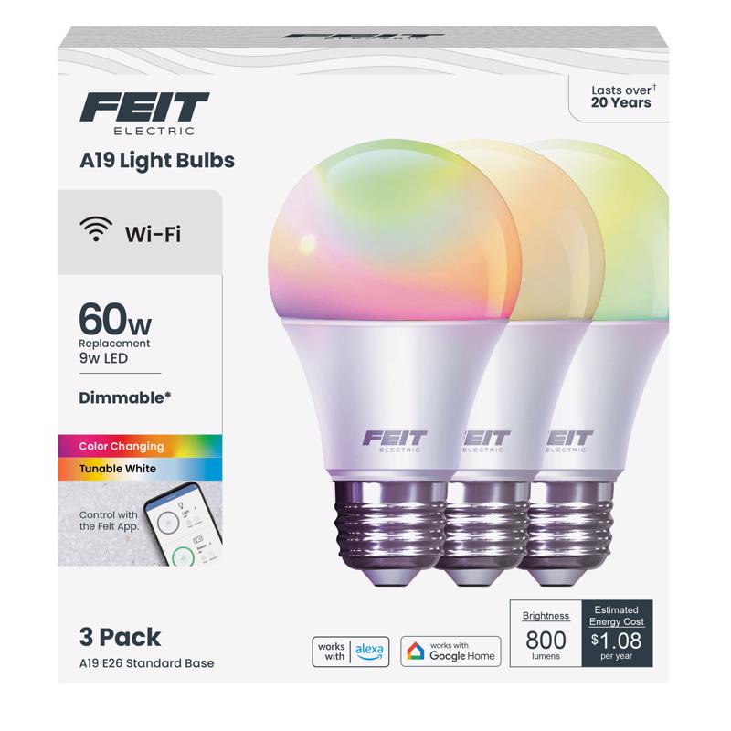 Feit OM60RGBWCAAG3 Smart Home A19 E26 (Medium) Smart-Enabled LED Bulb Daylight 60 Watt Equivalence 3 pk
