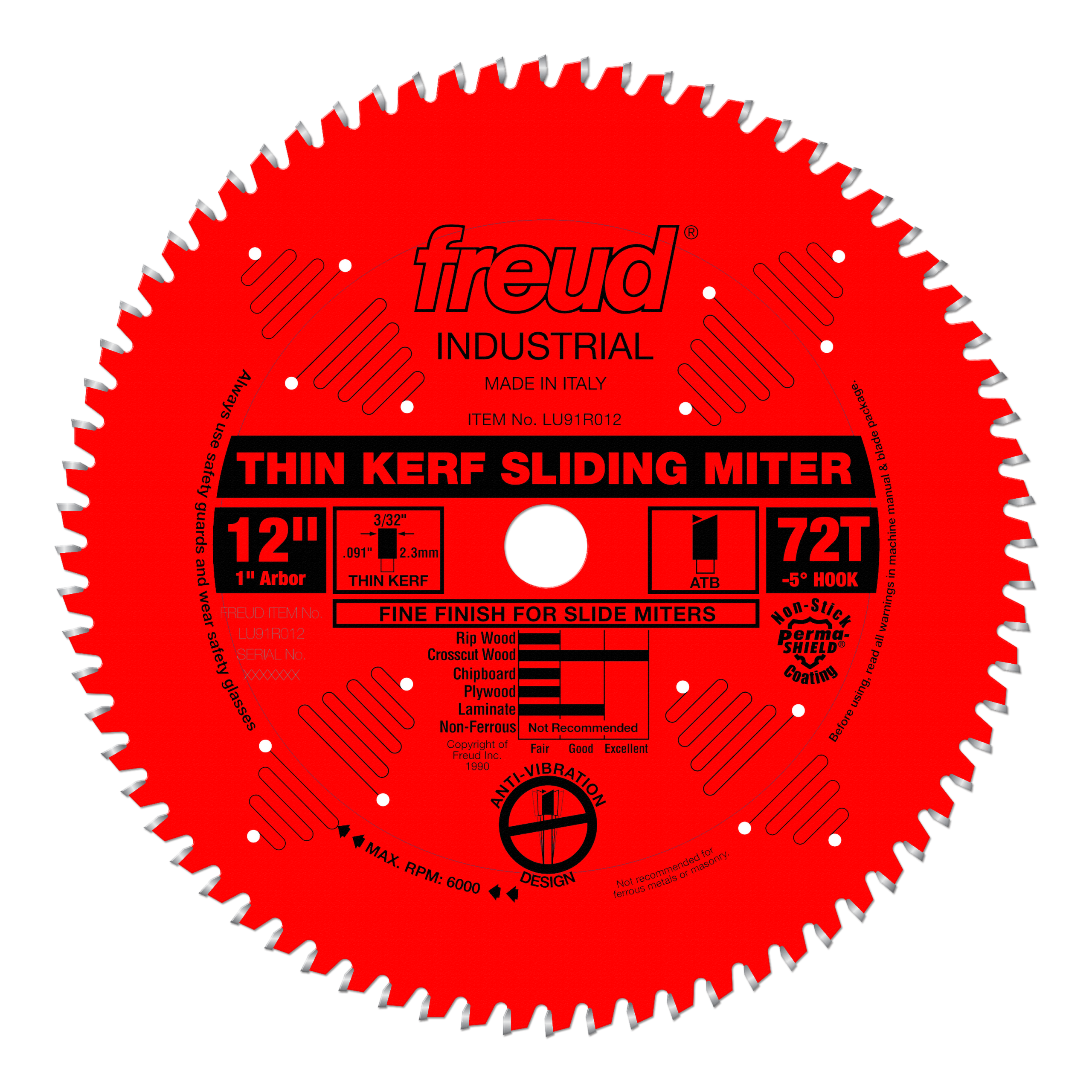 Freud LU91R012: 12" x 72 Tooth Thin Kerf Sliding Compound Miter Saw Blade