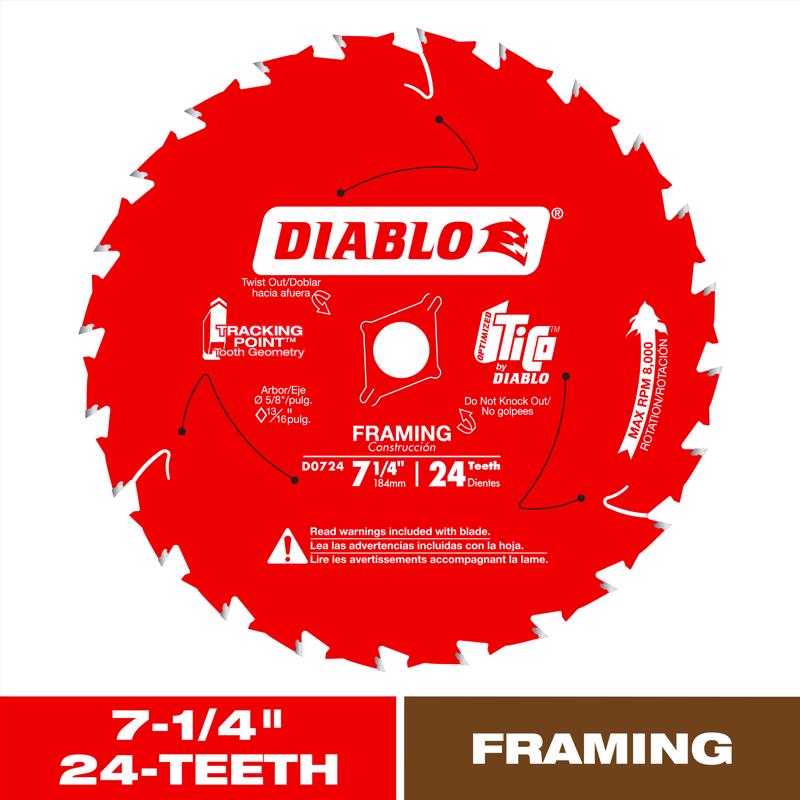 Diablo D0724X Tracking Point 7-1/4 in. D X 5/8 in. TiCo Hi-Density Carbide Saw Blade 24 teeth 1 pk