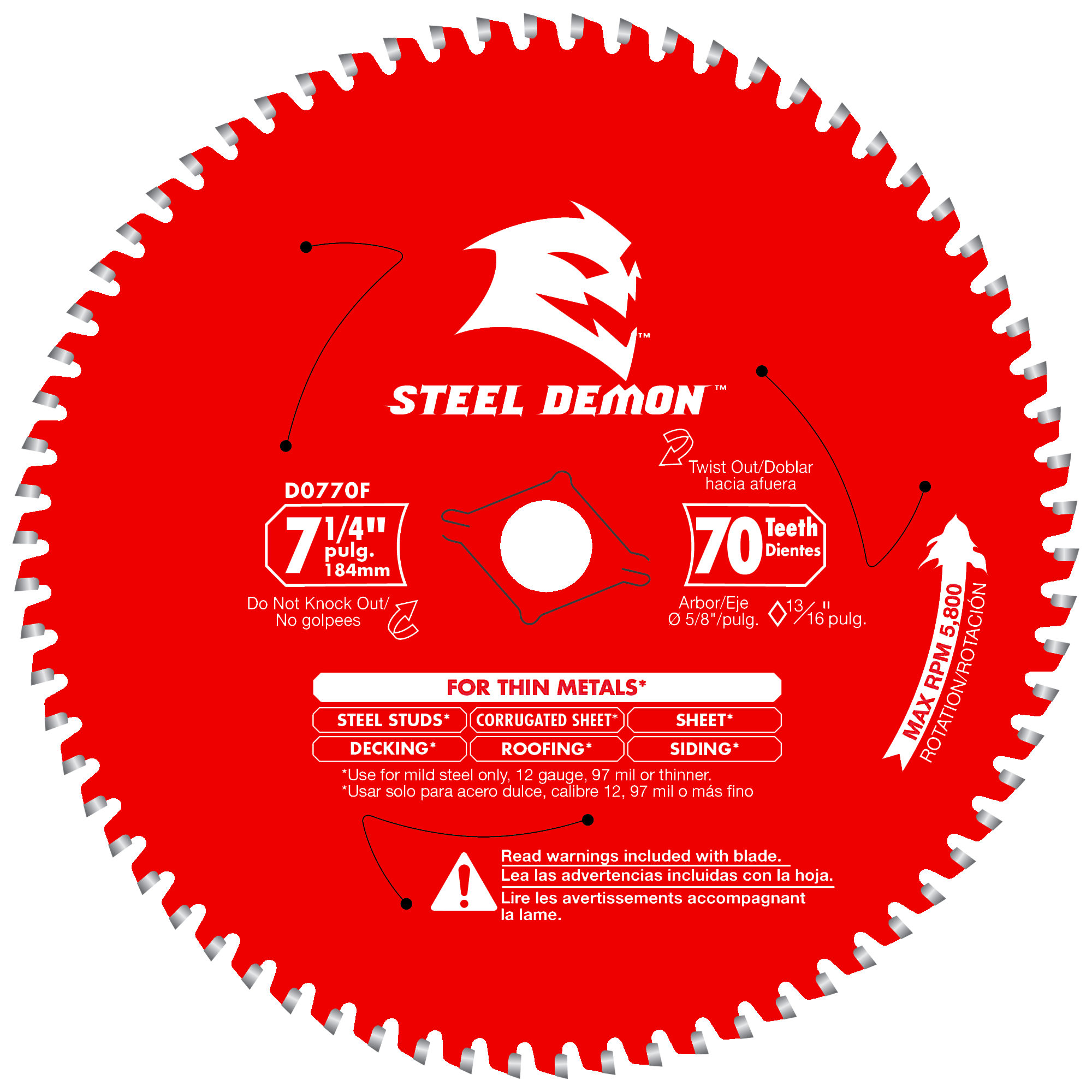 Diablo D0770F 7-1/4" x 70-Teeth Steel Demon™ Carbide Saw Blade for Thin Metal