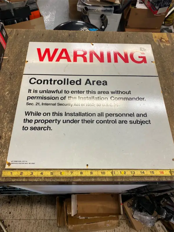 Warning Restricted Military Area 51 17×18 Vtg Govt Aluminum sign Installation!