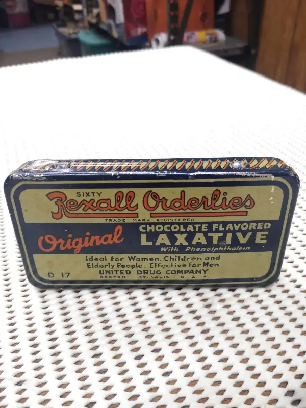 VTG Rexall Orderlies Original Chocolate Flavored Laxative Tin Old Buttons Inside