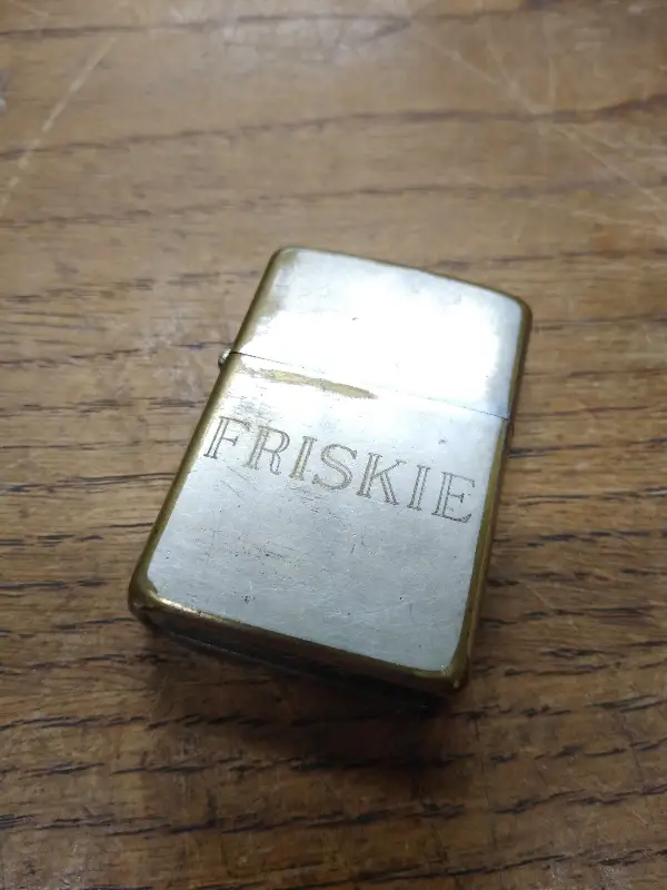Vtg Zippo 1973 Inscribed “FRISKIE” “DOT” Chrome Cigarette Lighter Great Patina