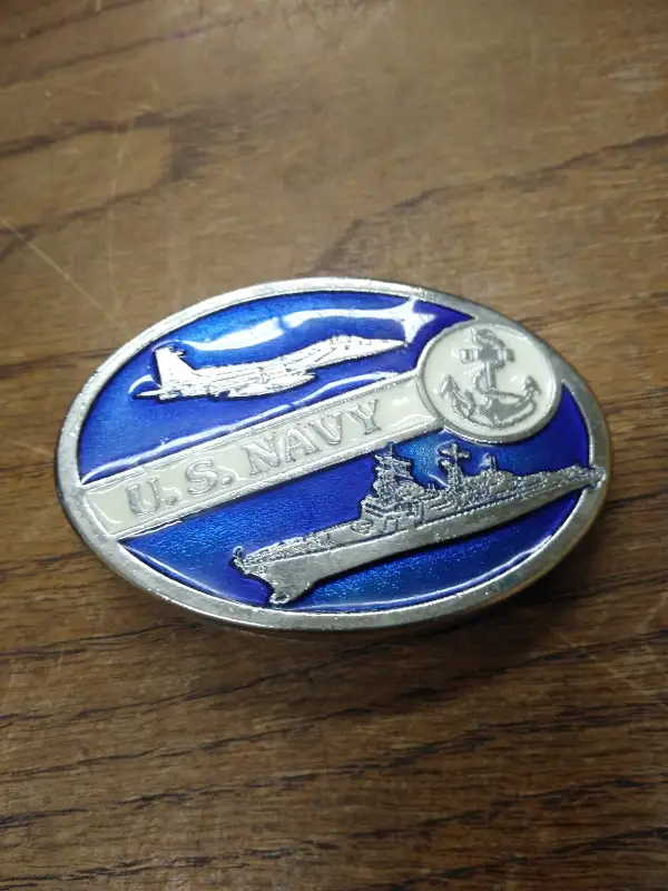 Vtg U.S. NAVY Oval Belt Buckle Blue Enameled Battleship Jet Fighter Anchor 3″W
