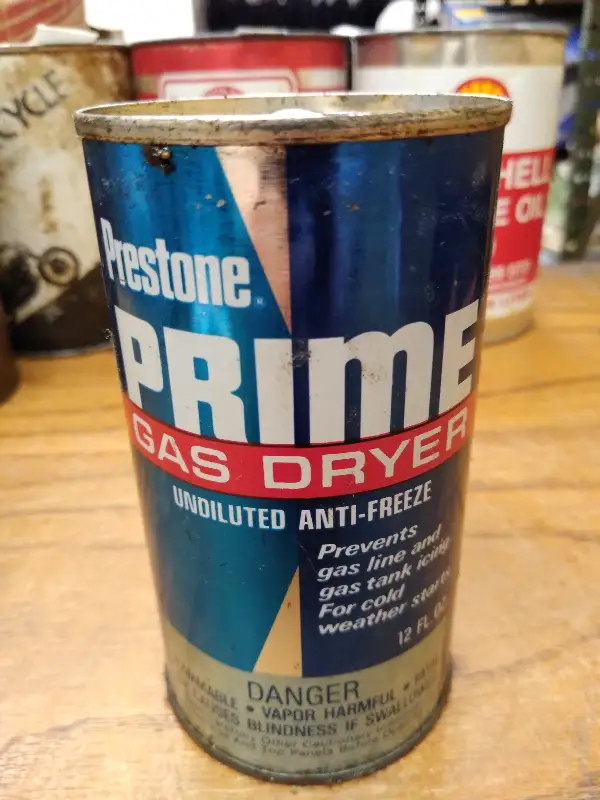 Vtg Prestone Prime Gas Dryer 12 Fluid Ounces Full Metal Can Good Condition #1
