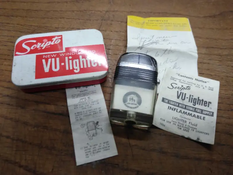 Vtg Scripto Vu Windguard Lighter “Live Better Electrically” w/Tin and Paperwork