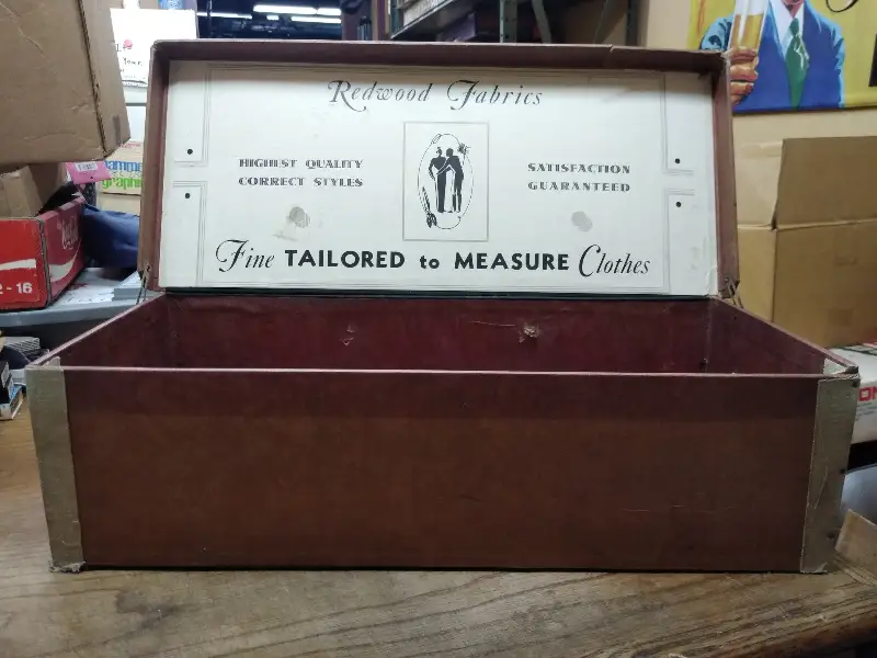 Vtg Redwood Fabric Store Advertising Display Box Fine Tailored To Measure Cloths
