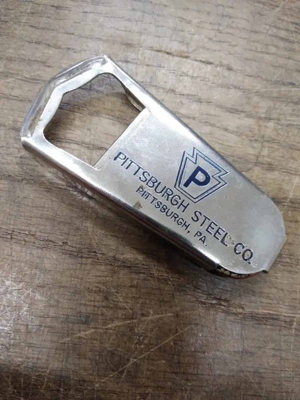 Vtg Pittsburgh Steel Co. Soda Pop Beer Metal Bottle Opener Man Cave Bar Tavern