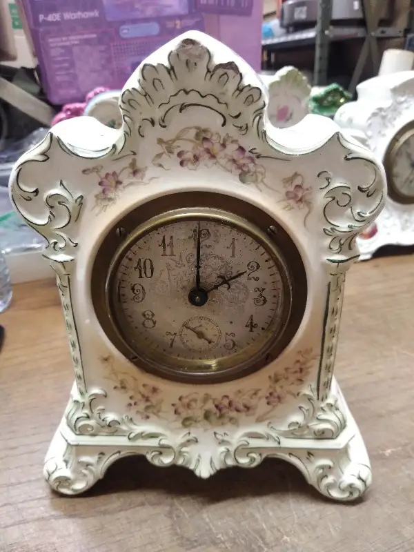 Vtg Porcelain Wind Up Alarm Mantle Bedroom Clock White Vining Floral Ceramic