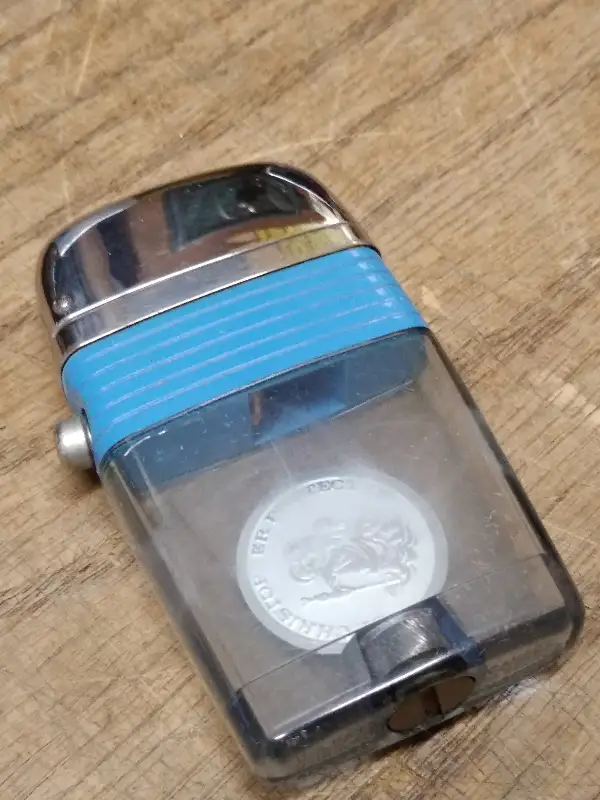 Vtg Scripto Vu Cigarette Lighter Blue Band St. Christopher Coin USA Nice Shape!