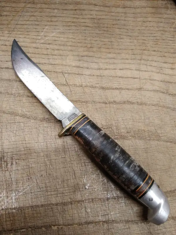 Vtg Western Boulder Colo Hunting Knife Stacked Leather Handle Fixed 4.5″ Blade