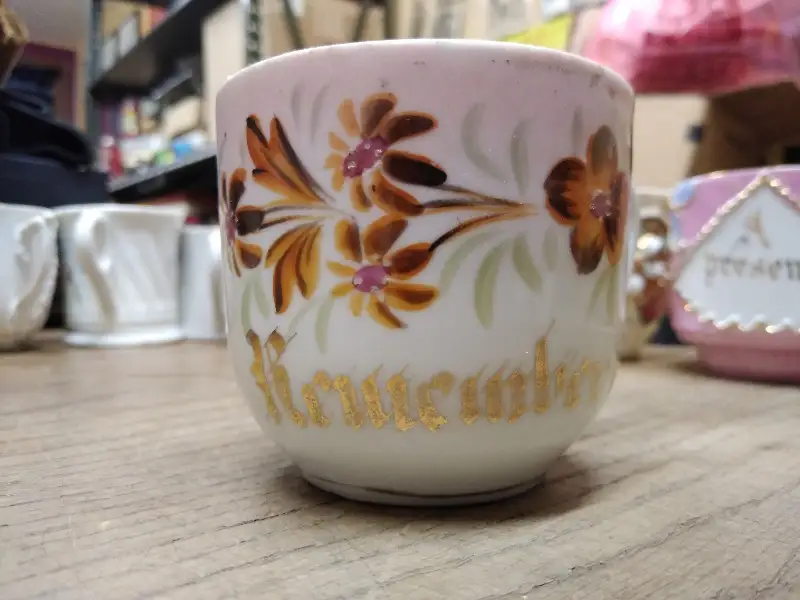 Vtg Remember Me Fancy Lusterware Brown Gold Pink Coffee Tea Cup Germany Nice!