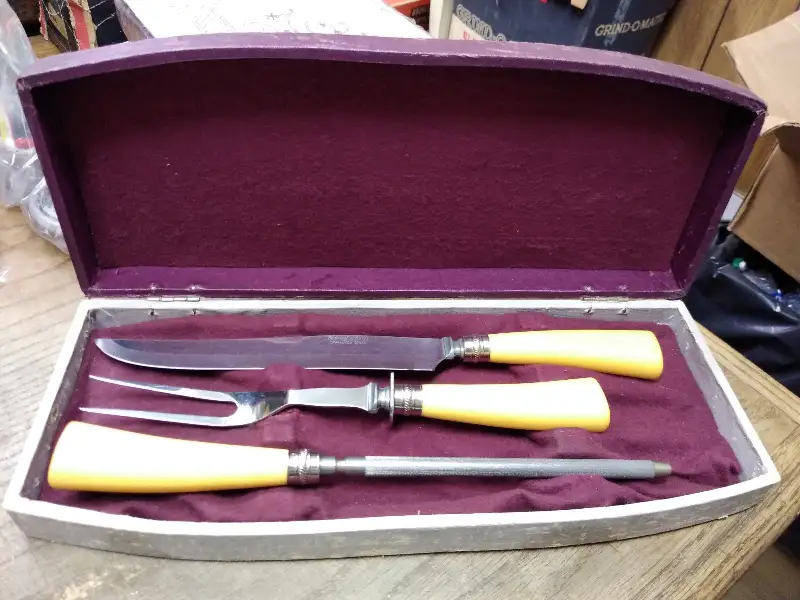 Vtg Washington Forge 3 Pc Carving Set Knife Fork Sharpener Bakelite Original Box
