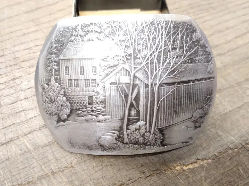 Vtg Wendell August Forge Hand Made Covered Bridge Oval Belt Buckle 3.25″ USA!!
