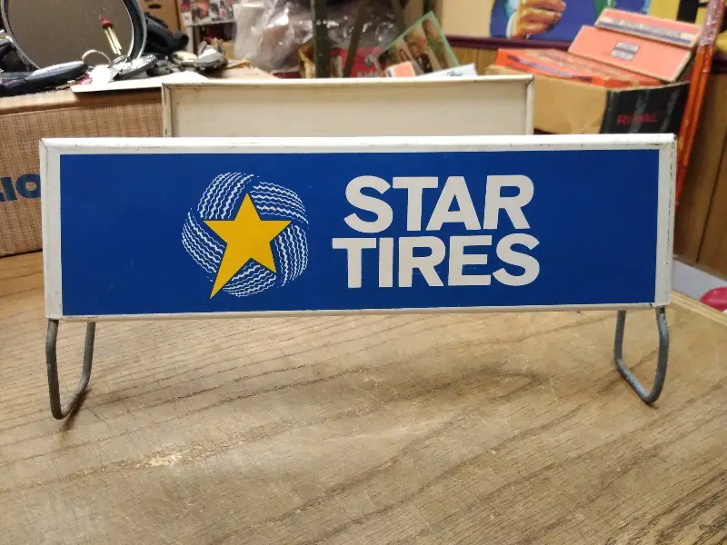 Vtg STAR TIRES Gas Station Store Display Stand Painted Metal Advertising Sign