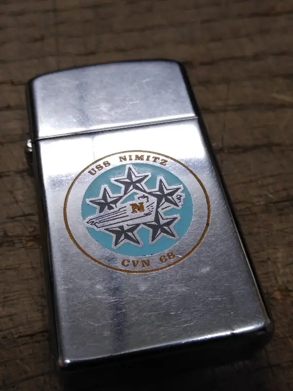 Vtg Zippo Slim 1980 Ship USS Nimitz CVN 68 Cigarette Lighter Chrome Made In USA!