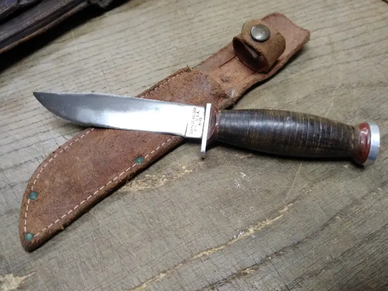 Vtg Schrade Walden H 15 NY USA Hunting Knife Stacked Leather Handle Sheath Nice