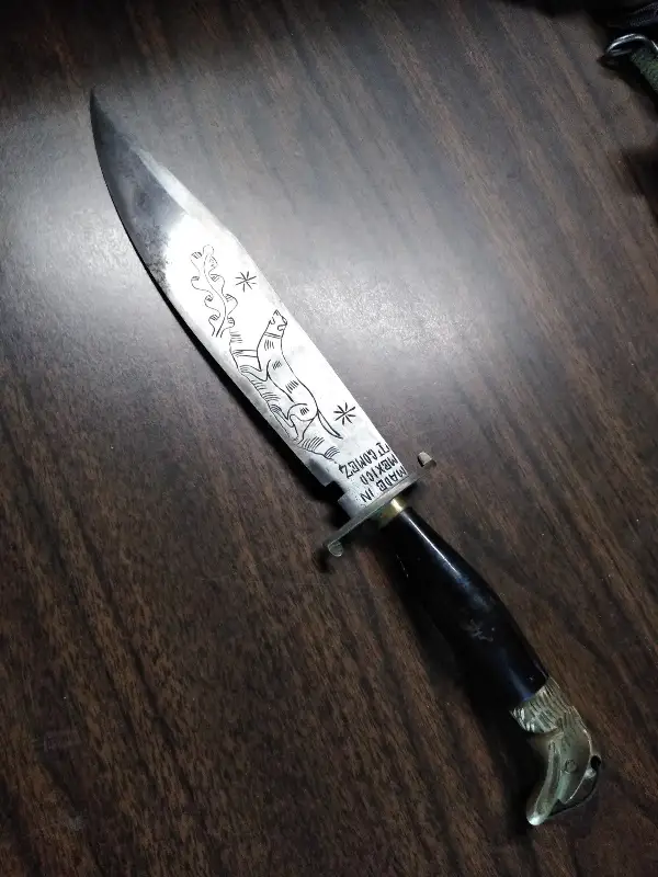Vtg T Gomez Fixed Blade Bowie Knife Hand Engraved Eagle Pommel 12.5″ Mexico Nice