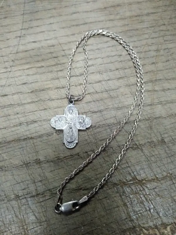 Vtg Sterling Silver Four Way Cross Pendant Necklace 16″ I Am Catholic Italy Nice