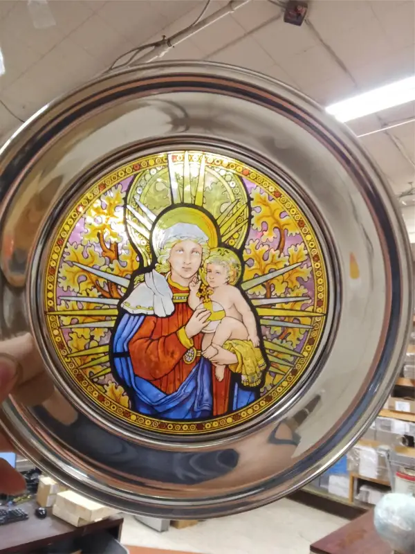 Vtg Stained Glass & Pewter 1990 Christmas Plate Madonna and Child COA