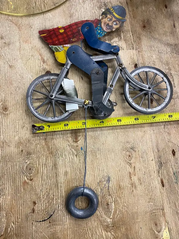 Vtg Tin Bicycle rider Balance tight Wire Toy groucho 1920s antique 8″ Litho Rare