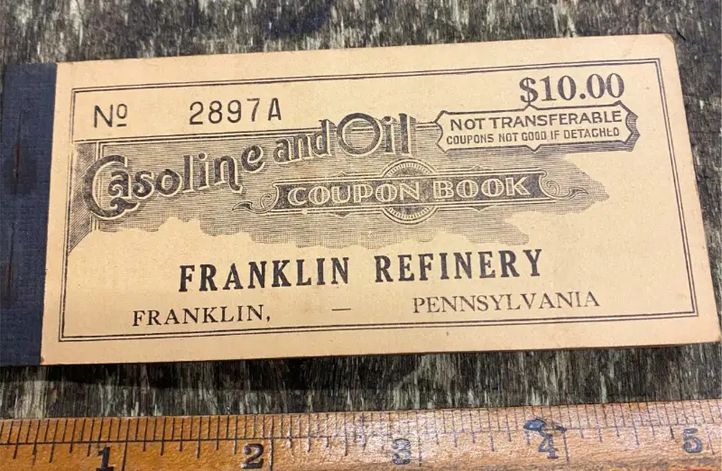 Vtg Teens Oil Gas Coupon Advertising Sign Can Service station Franklin Pa Refine