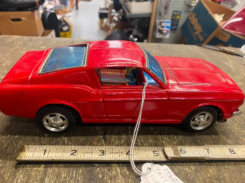 Vtg Taiyo Japan tin Toy Battery operated Car Ford Mustang Fastback Minty 60’s