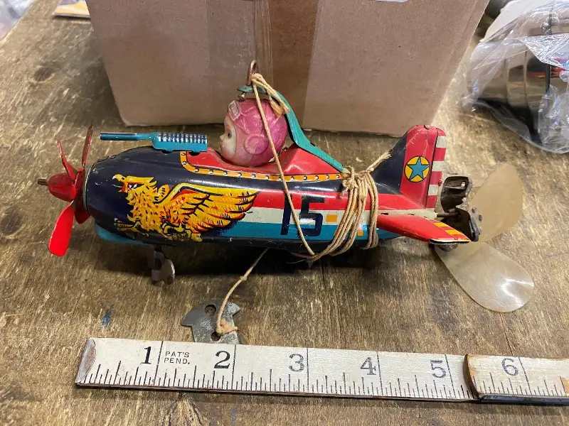 Vtg Tin Wind Up Toy Airplane Machine Gun Tether Litho Celluloid Marx A51 1950’s