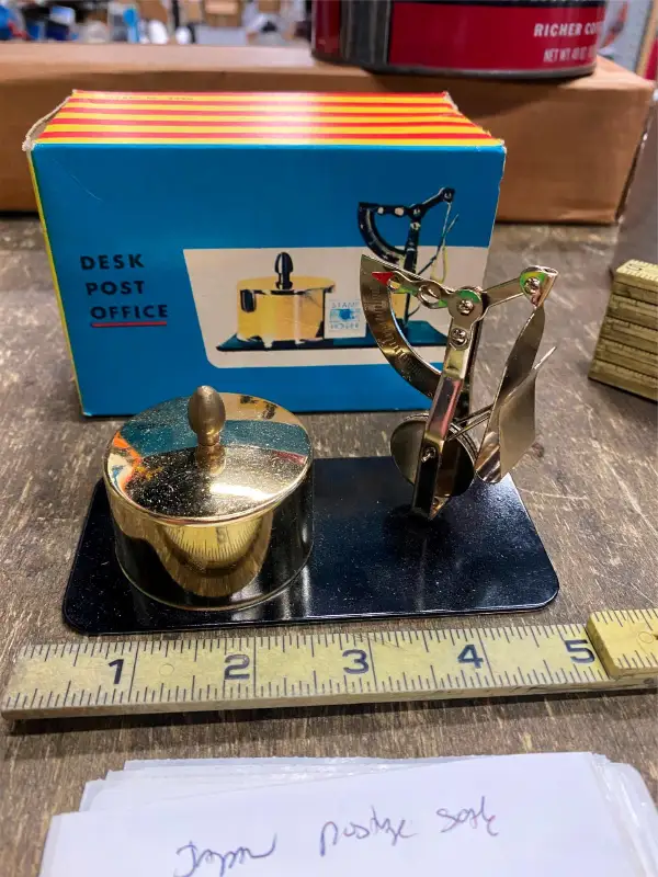 Vtg Postage Stamp dispenser Desktop Scale 1960’s NIB Secretary Brass Japan !