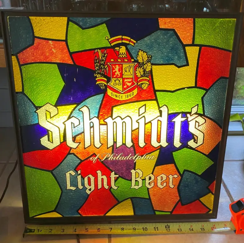 Vtg stained glass light SCHMIDT’S beer sign Breweriana Advertising 70’s 16×17 !
