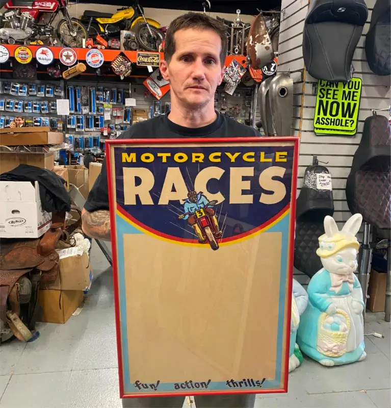 Vtg Poster 50’s Motorcycle Races Orig Sign Framed Circle track Harley Indian Tri